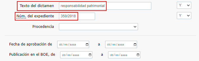 Escribir RESPONSABILIDAD PATRIMONIAL en el campo 'Texto del Dictamen' y 350/2018 en el campo 'Num. del expediente'