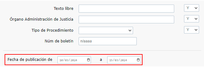 Se escribe en FECHA DE PUBLICACIÓN DE '10/03/2024' A '15/03/2024' 