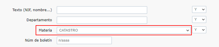 Se elige la opción 'Catastro' en el desplegable MATERIA y nos ofrece 523 resultados
